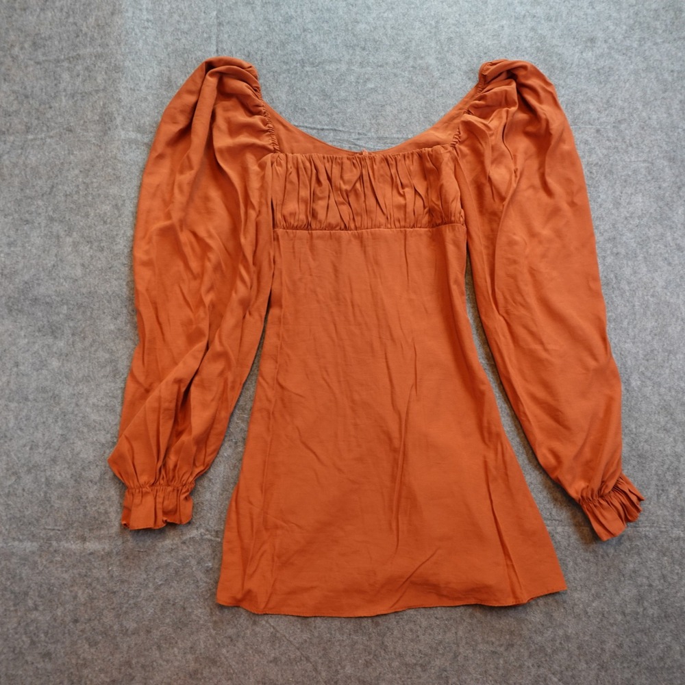Cider Dress Womens Extra Small Orange Puff Sleeve Ruched Square Neck Mini Casual